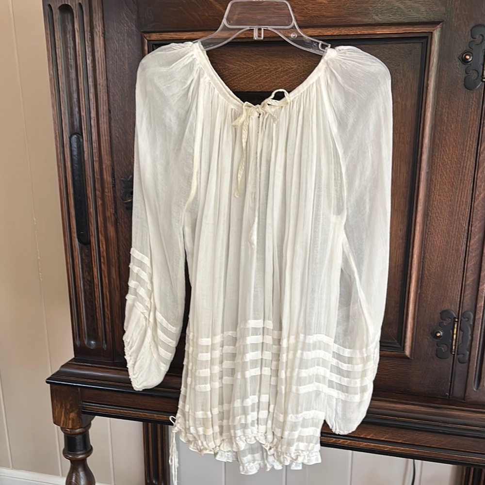 Free People White Flutter Sleeve Blouse with Pleated Tie Front